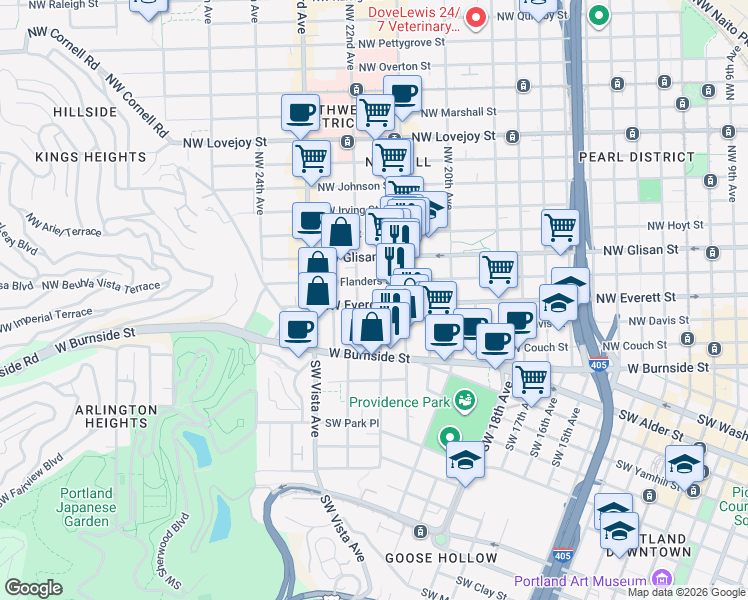 map of restaurants, bars, coffee shops, grocery stores, and more near 2149 Northwest Everett Street in Portland
