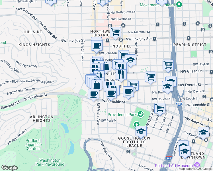 map of restaurants, bars, coffee shops, grocery stores, and more near 2229 Northwest Everett Street in Portland