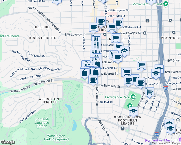 map of restaurants, bars, coffee shops, grocery stores, and more near 2361 Northwest Westover Road in Portland