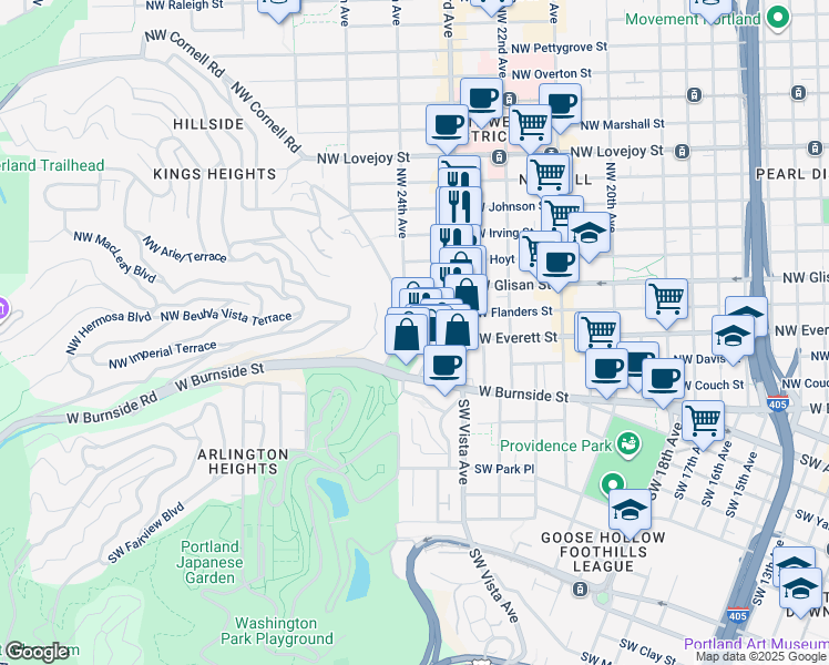 map of restaurants, bars, coffee shops, grocery stores, and more near 2361 Northwest Westover Road in Portland