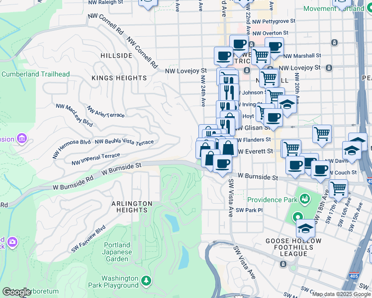 map of restaurants, bars, coffee shops, grocery stores, and more near 310 Northwest Uptown Terrace in Portland