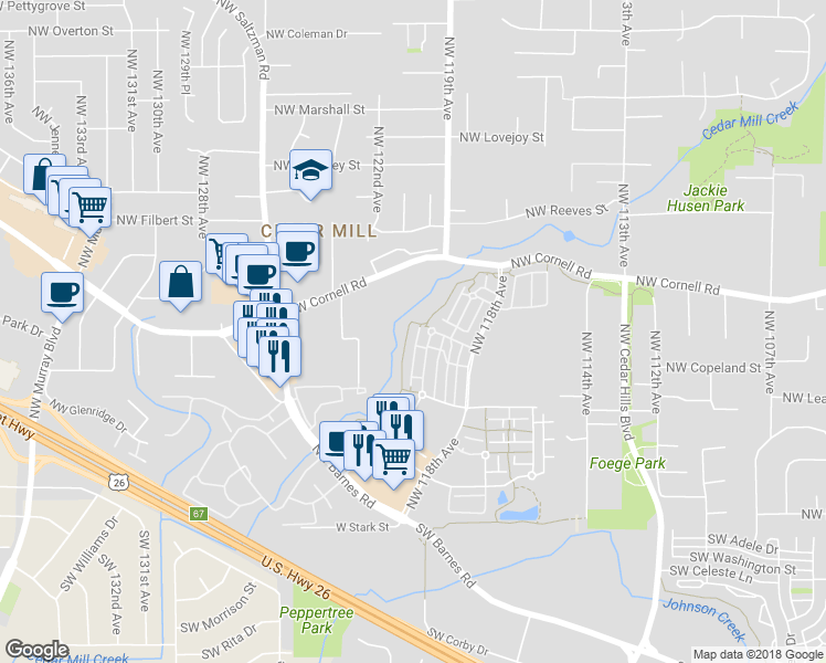 map of restaurants, bars, coffee shops, grocery stores, and more near 625 Northwest Lost Springs Terrace in Portland