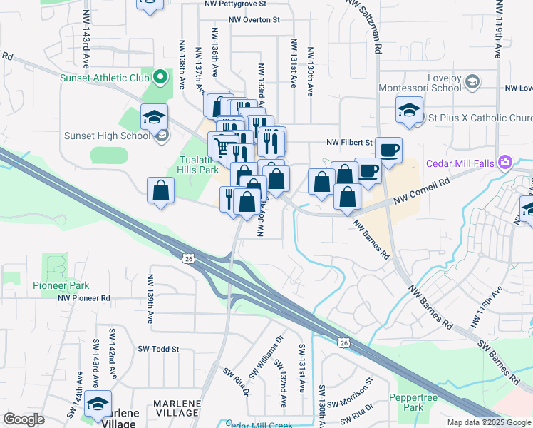 map of restaurants, bars, coffee shops, grocery stores, and more near 702 Northwest Joy Avenue in Portland