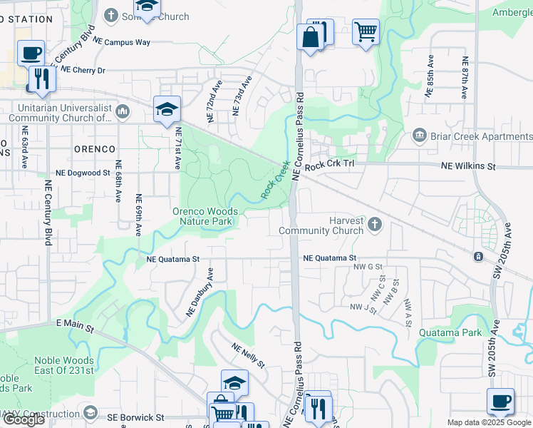 map of restaurants, bars, coffee shops, grocery stores, and more near 7676 Northeast Samuelson Street in Hillsboro