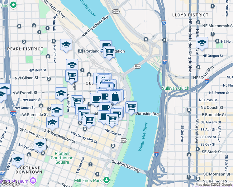 map of restaurants, bars, coffee shops, grocery stores, and more near 220 Northwest 2nd Avenue in Portland