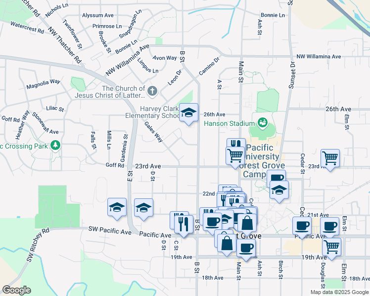 map of restaurants, bars, coffee shops, grocery stores, and more near 1774 Covey Run Drive in Forest Grove
