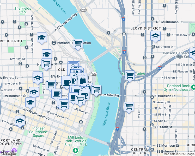 map of restaurants, bars, coffee shops, grocery stores, and more near 58 Waterfront Park Trail in Portland