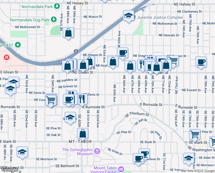 map of restaurants, bars, coffee shops, grocery stores, and more near 314 Northeast 63rd Avenue in Portland