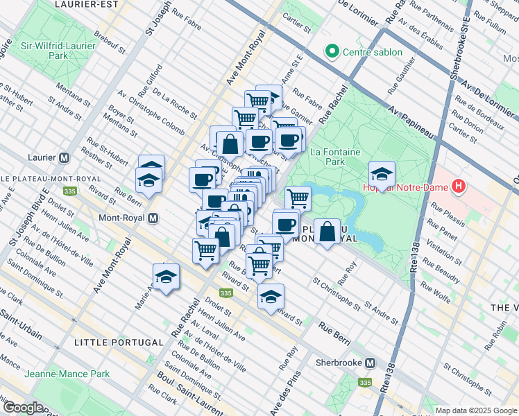 map of restaurants, bars, coffee shops, grocery stores, and more near 960 Rue Rachel Est in Montréal