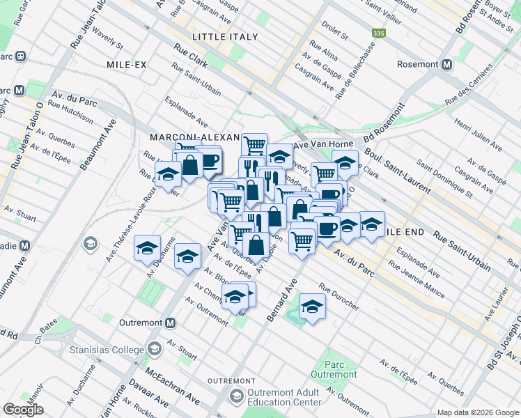 map of restaurants, bars, coffee shops, grocery stores, and more near 6014 Avenue du Parc in Montréal
