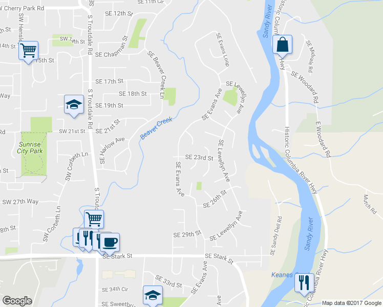 map of restaurants, bars, coffee shops, grocery stores, and more near 1029 Southeast 23rd Street in Troutdale
