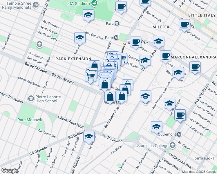 map of restaurants, bars, coffee shops, grocery stores, and more near 928 Rue Jean-Talon Ouest in Montréal