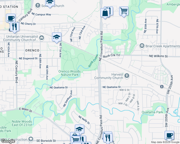 map of restaurants, bars, coffee shops, grocery stores, and more near 7676 Northeast Samuelson Street in Hillsboro