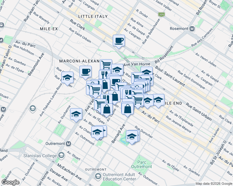 map of restaurants, bars, coffee shops, grocery stores, and more near 5977 Avenue du Parc in Montréal