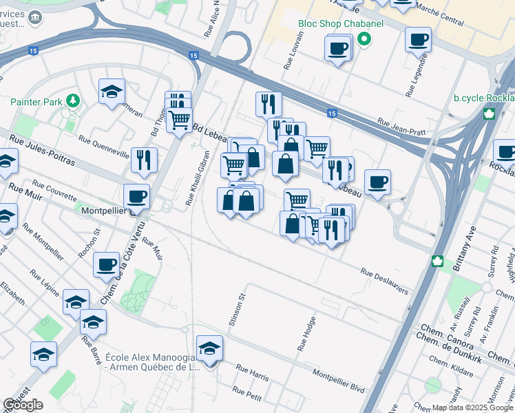 map of restaurants, bars, coffee shops, grocery stores, and more near 555 Rue Deslauriers in Montreal