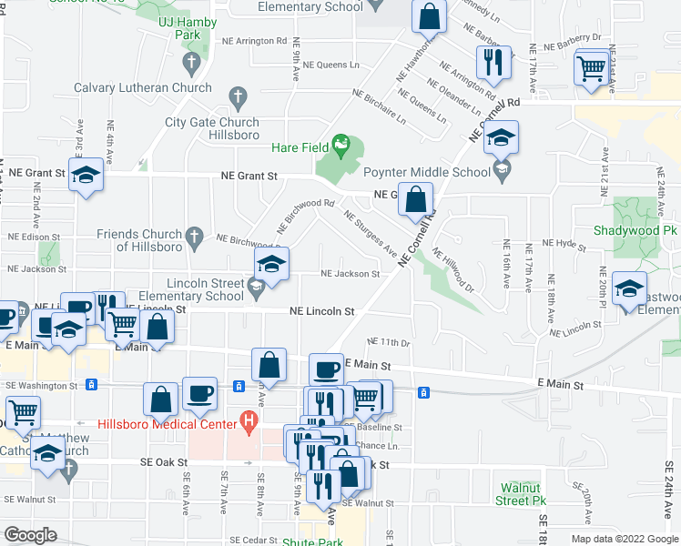 map of restaurants, bars, coffee shops, grocery stores, and more near NE Jackson St & NE 10th Pl in Hillsboro