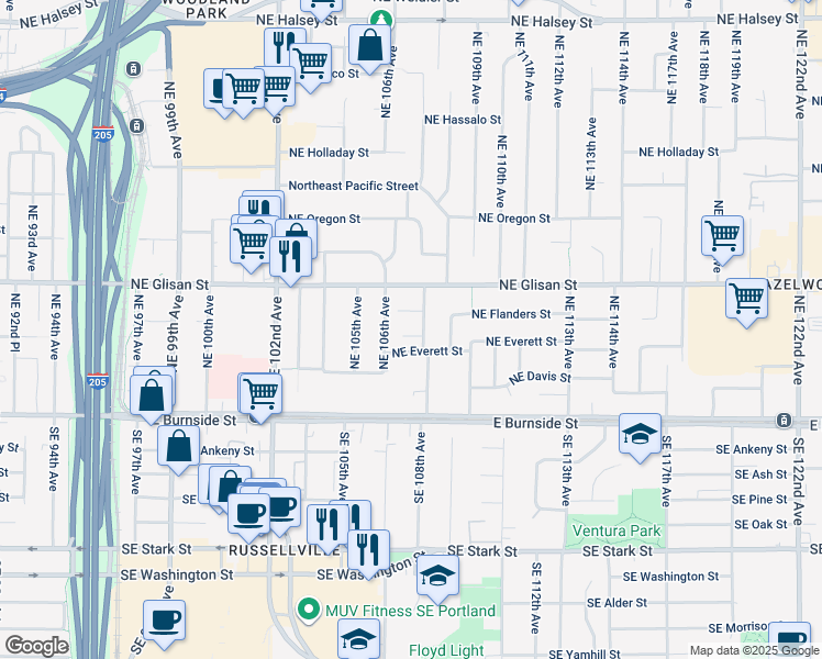 map of restaurants, bars, coffee shops, grocery stores, and more near 10709 Northeast Everett Court in Portland