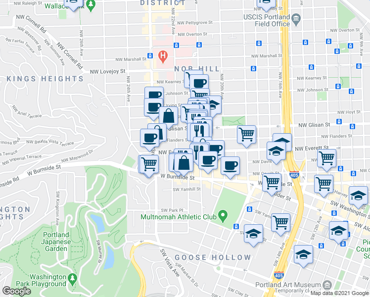 map of restaurants, bars, coffee shops, grocery stores, and more near 2163 Northwest Everett Street in Portland