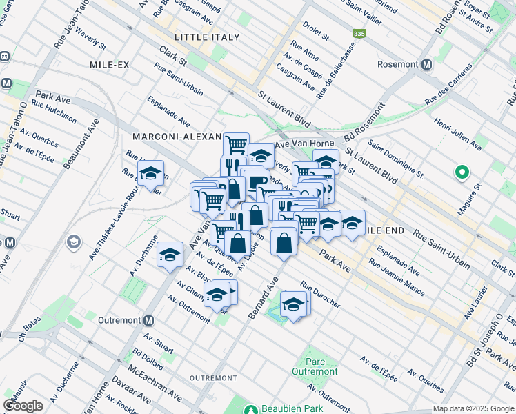 map of restaurants, bars, coffee shops, grocery stores, and more near 5983 Avenue du Parc in Montréal