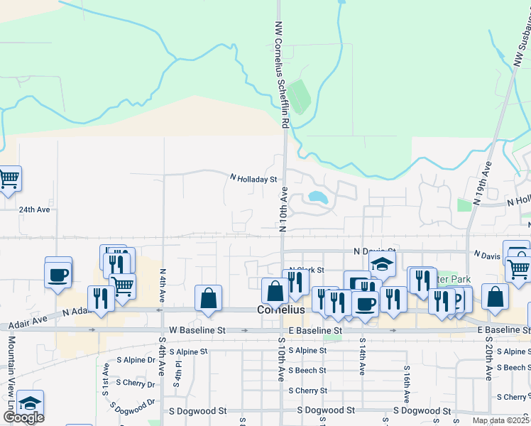 map of restaurants, bars, coffee shops, grocery stores, and more near 605 North 10th Avenue in Cornelius