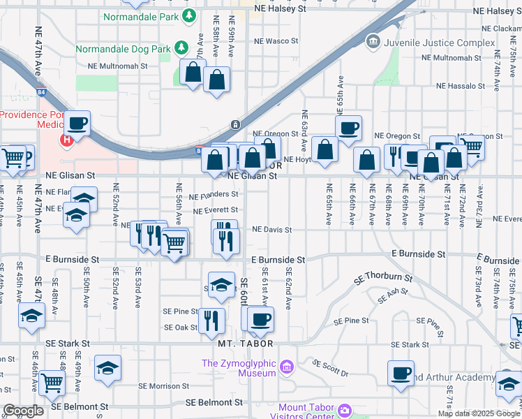 map of restaurants, bars, coffee shops, grocery stores, and more near 245 Northeast 61st Avenue in Portland