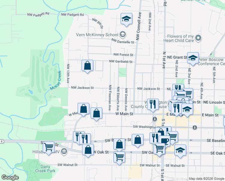 map of restaurants, bars, coffee shops, grocery stores, and more near 650 Northwest Jackson Street in Hillsboro