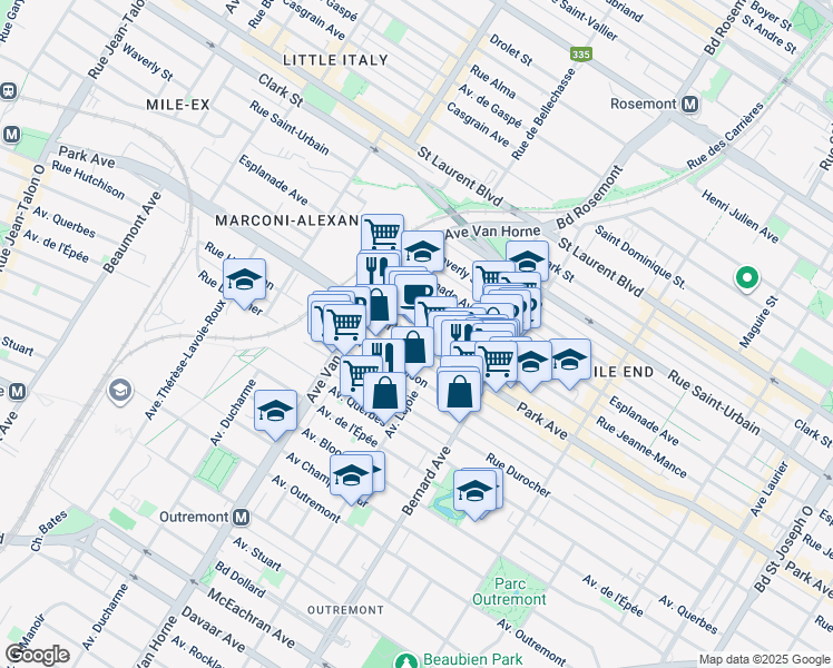 map of restaurants, bars, coffee shops, grocery stores, and more near 5985 Avenue du Parc in Montréal