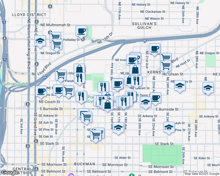 map of restaurants, bars, coffee shops, grocery stores, and more near 303 Northeast 16th Avenue in Portland