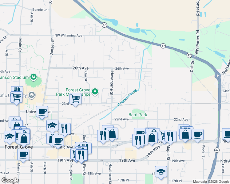map of restaurants, bars, coffee shops, grocery stores, and more near 2339 Hawthorne Street in Forest Grove