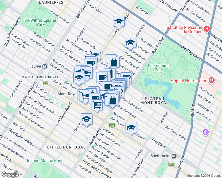 map of restaurants, bars, coffee shops, grocery stores, and more near 4285 Rue Saint-André in Montréal