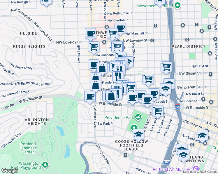 map of restaurants, bars, coffee shops, grocery stores, and more near 2199 Northwest Everett Street in Portland
