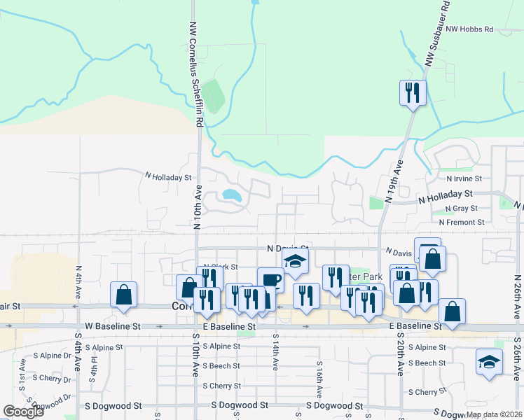map of restaurants, bars, coffee shops, grocery stores, and more near 1316 North Fremont Street in Cornelius