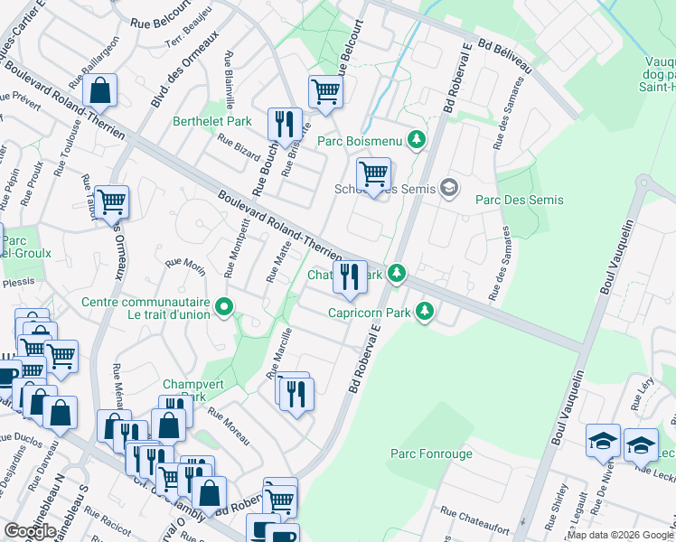 map of restaurants, bars, coffee shops, grocery stores, and more near 149 Rue Moquin in Longueuil