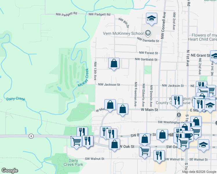 map of restaurants, bars, coffee shops, grocery stores, and more near 1050 Northwest Jackson Street in Hillsboro