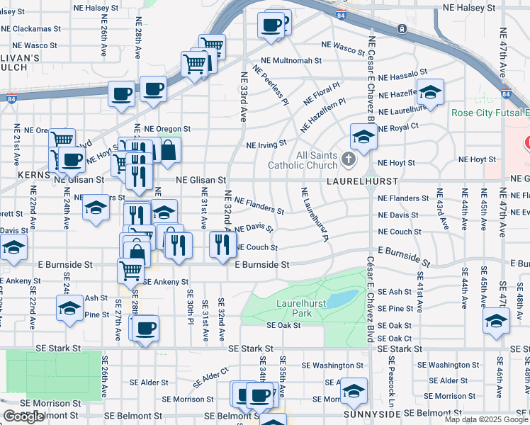 map of restaurants, bars, coffee shops, grocery stores, and more near 3332 Northeast Flanders Street in Portland