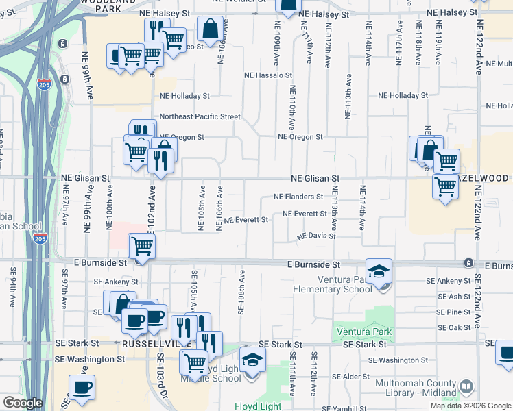 map of restaurants, bars, coffee shops, grocery stores, and more near 341 Northeast 108th Place in Portland