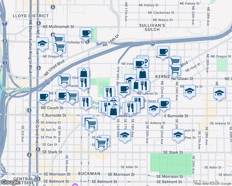 map of restaurants, bars, coffee shops, grocery stores, and more near 303 Northeast 16th Avenue in Portland