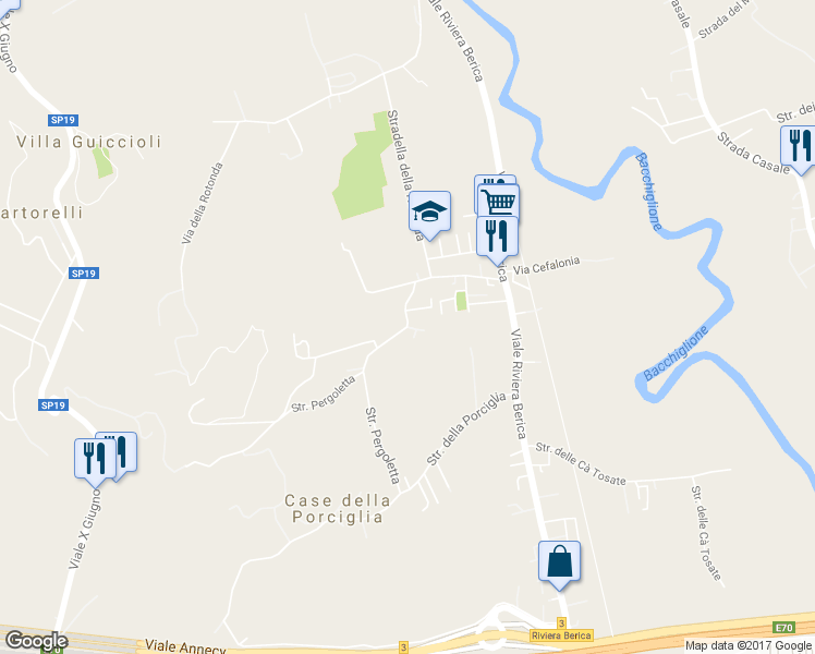 map of restaurants, bars, coffee shops, grocery stores, and more near Strada della Pergoletta in Vicenza