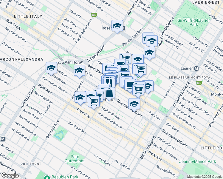 map of restaurants, bars, coffee shops, grocery stores, and more near 5432 Rue Clark in Montréal