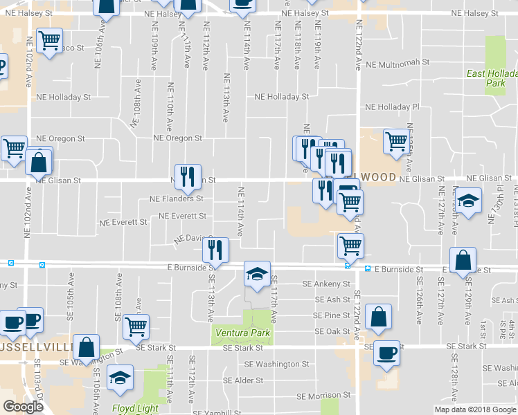 map of restaurants, bars, coffee shops, grocery stores, and more near 11610 Northeast Flanders Street in Portland