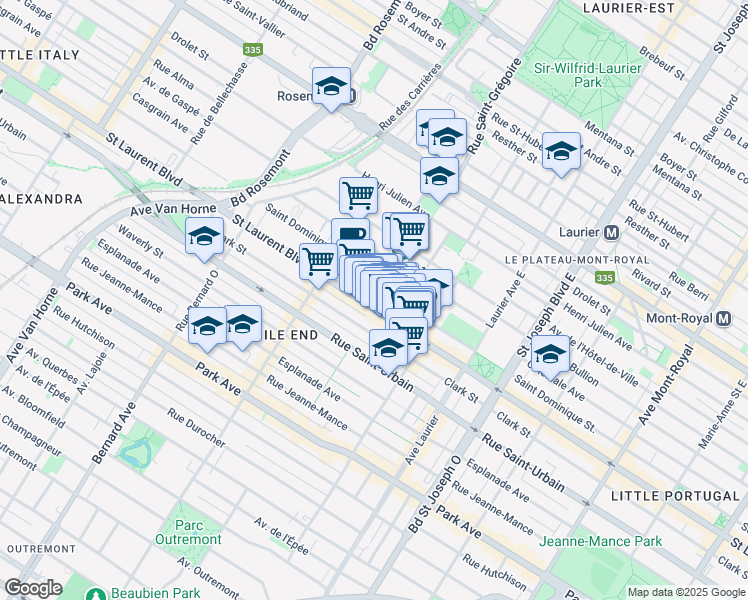 map of restaurants, bars, coffee shops, grocery stores, and more near 5363 Boulevard Saint-Laurent in Montréal