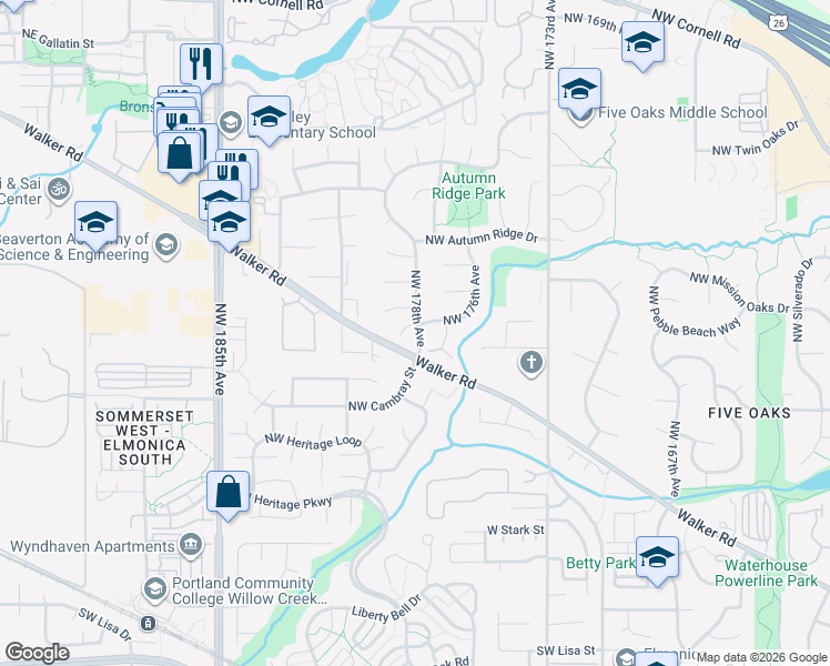 map of restaurants, bars, coffee shops, grocery stores, and more near 17835 Northwest Walker Road in Beaverton