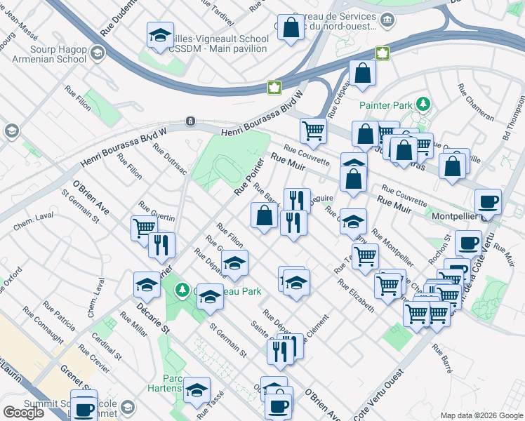 map of restaurants, bars, coffee shops, grocery stores, and more near 915 Rue Kennedy in Montreal