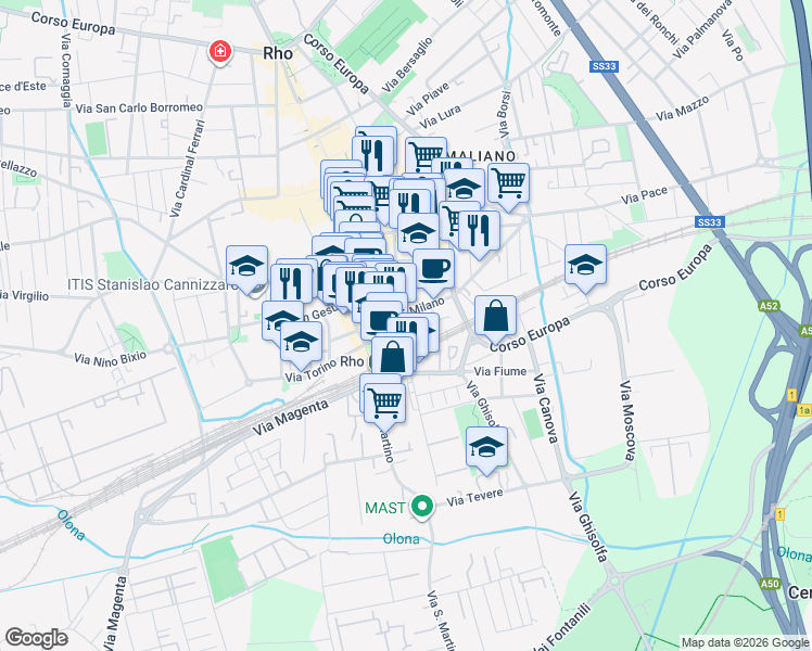 map of restaurants, bars, coffee shops, grocery stores, and more near 5 Vicolo Luigi Secchi in Rho