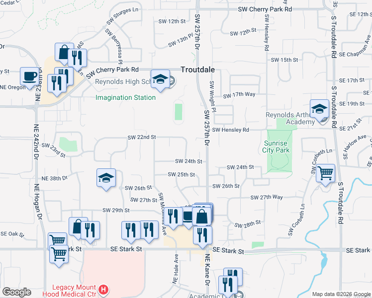map of restaurants, bars, coffee shops, grocery stores, and more near 2254 Southwest Indian John Avenue in Troutdale