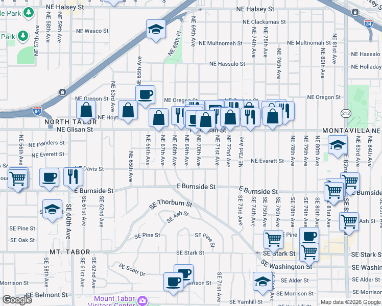 map of restaurants, bars, coffee shops, grocery stores, and more near 304 Northeast 69th Avenue in Portland