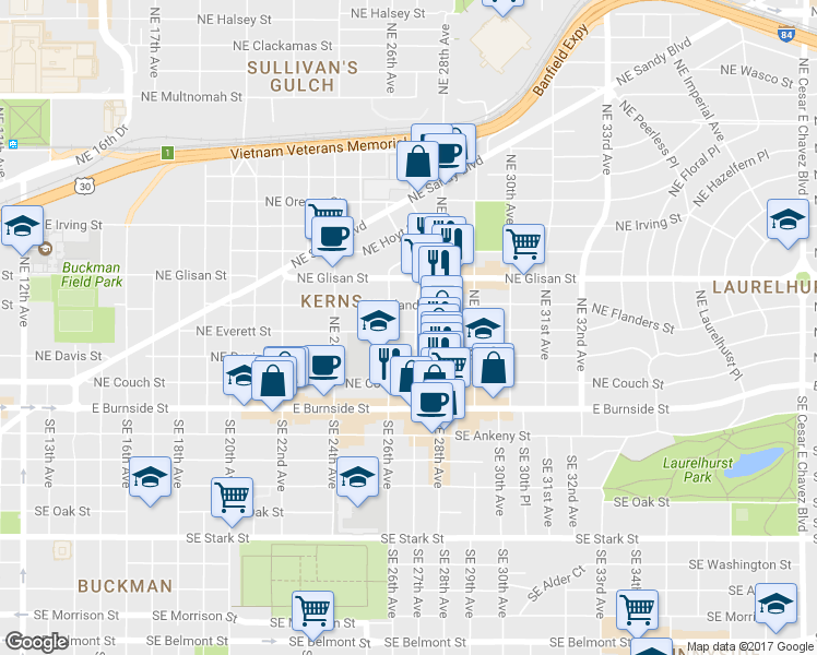 map of restaurants, bars, coffee shops, grocery stores, and more near 2698 Northeast Everett Street in Portland
