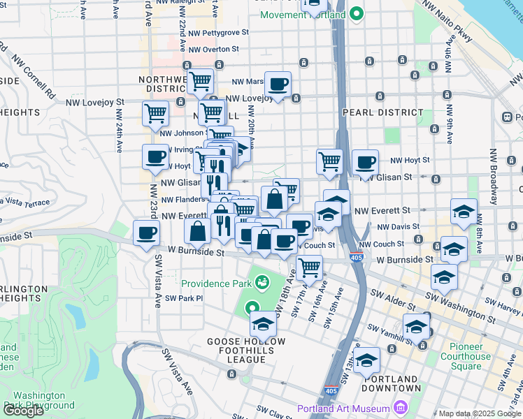 map of restaurants, bars, coffee shops, grocery stores, and more near 311 Northwest 20th Avenue in Portland