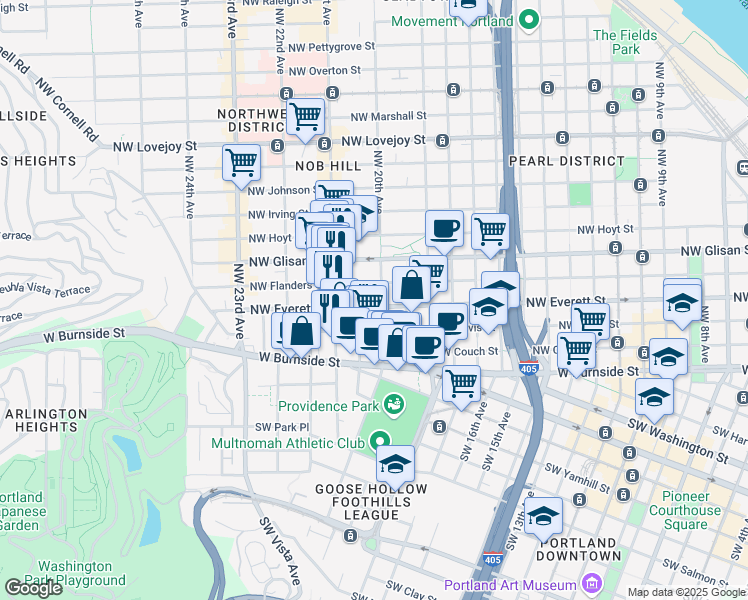 map of restaurants, bars, coffee shops, grocery stores, and more near 311 Northwest 20th Avenue in Portland