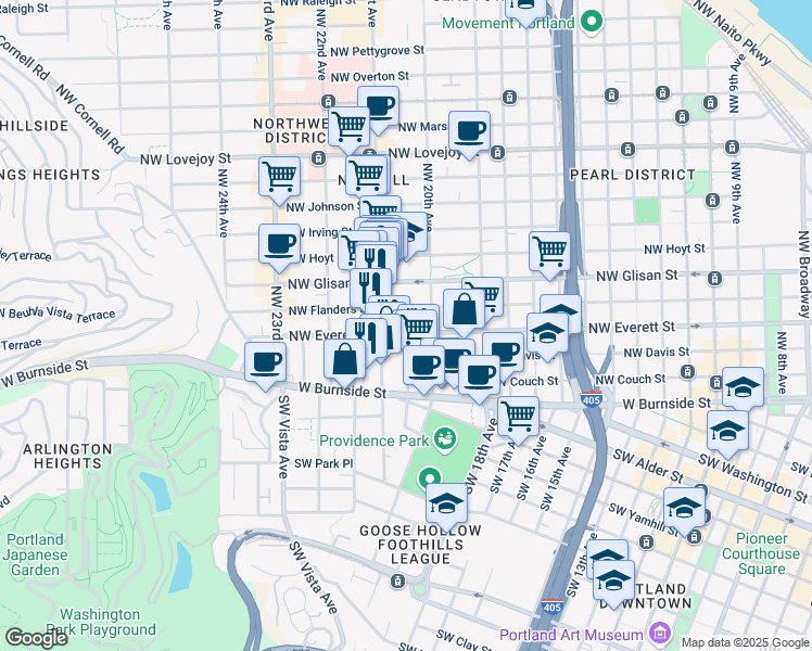 map of restaurants, bars, coffee shops, grocery stores, and more near in Portland